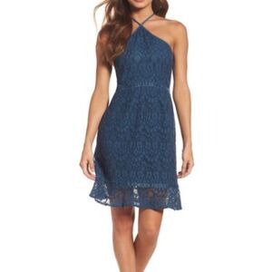 Chelsea 28 Blue Lace Halter Fit & Flare‎ Mini Dress Lined Women’s Size Small